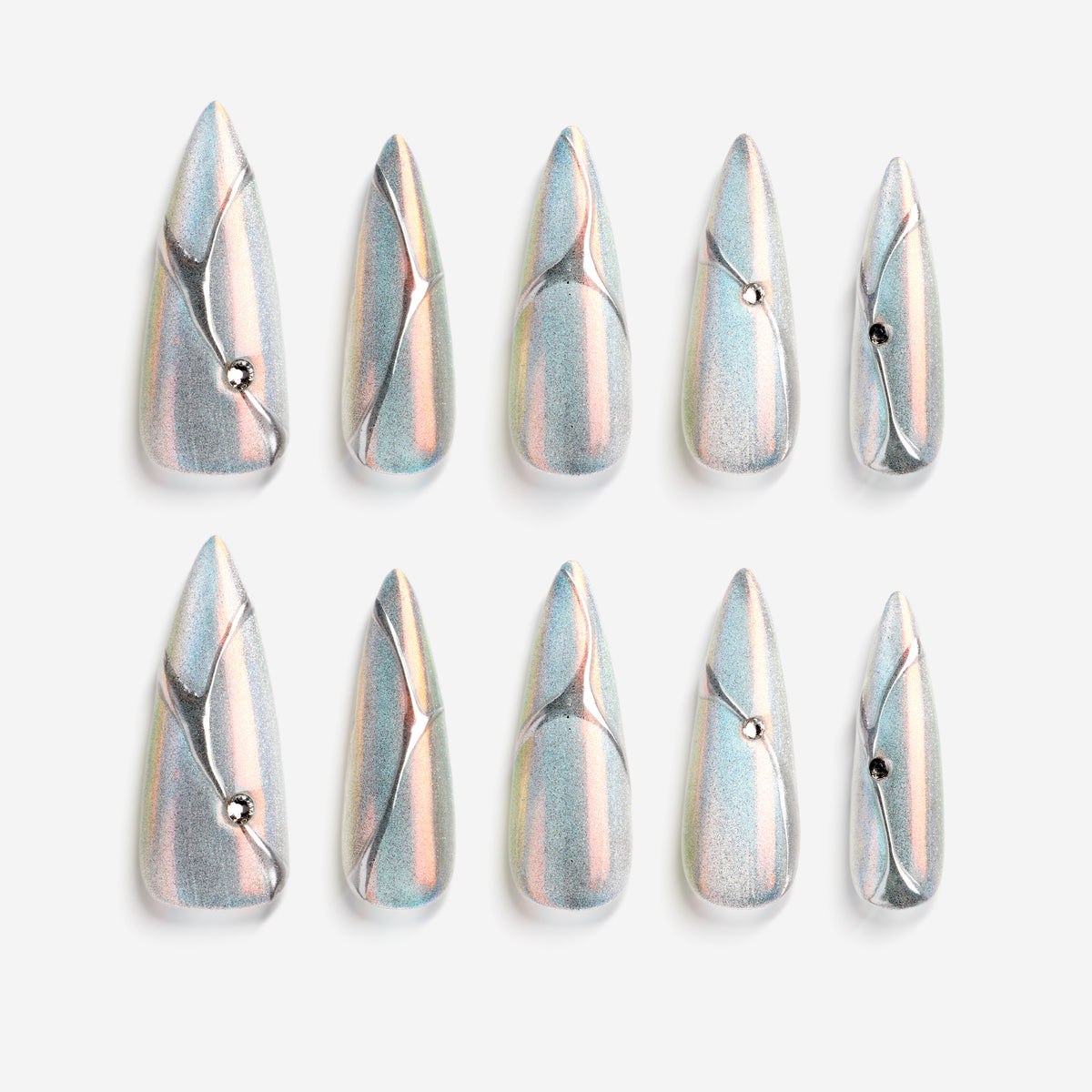 Holographic silver stiletto press on nails with metallic lines and minimalist chrome shine