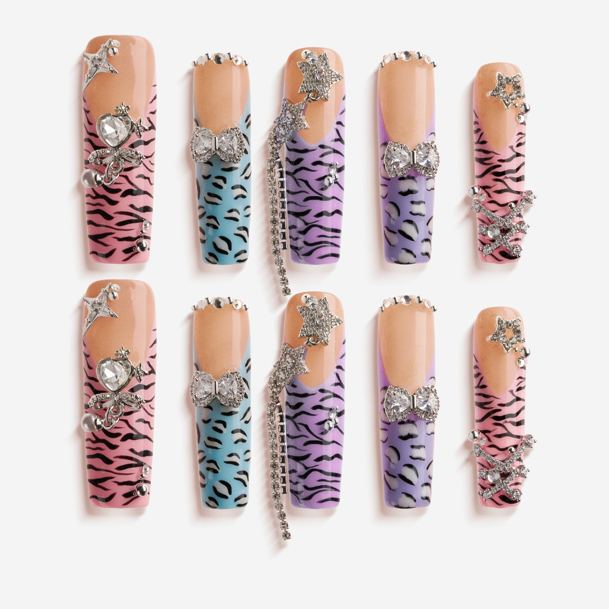 Starry Pink Weave press on nails with pink 3D textures and star embellishments.