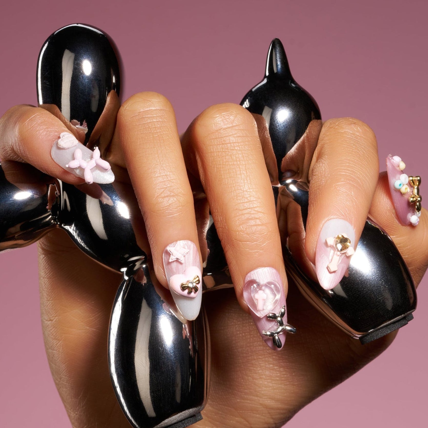 Pastel handmade press on nails with soft tones and 3D details. Reusable nail art set for everyday elegance.