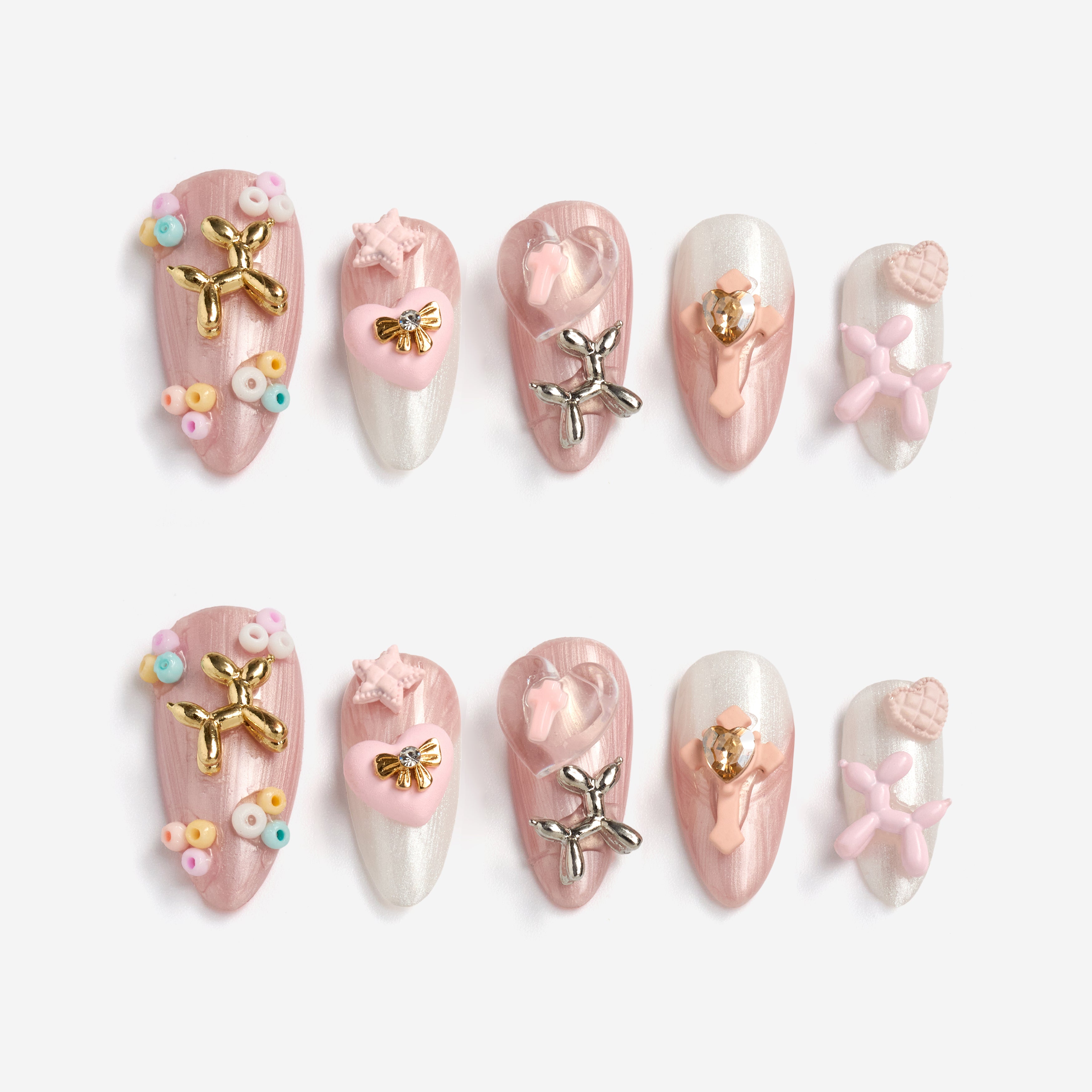 Pastel handmade press on nails with soft tones and 3D details. Reusable nail art set for everyday elegance.