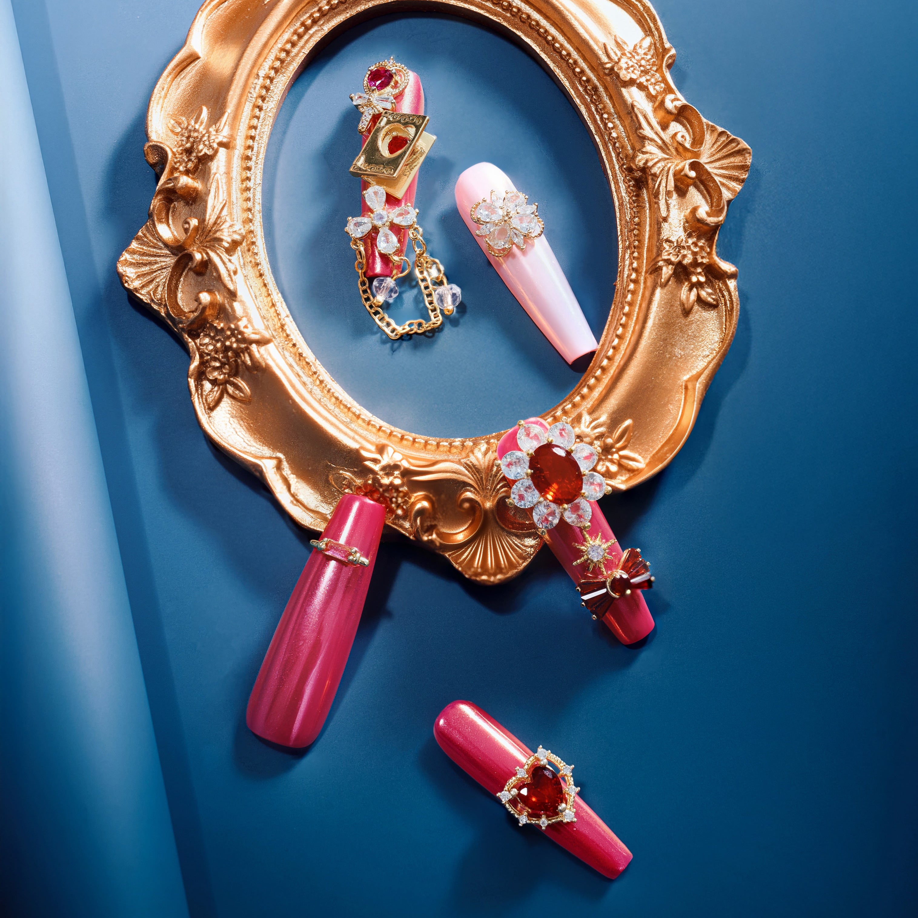 Luxury press on nails with an openable heart charm inspired by a Pandora-style love locket. Handmade, reusable, and jewelry-inspired.