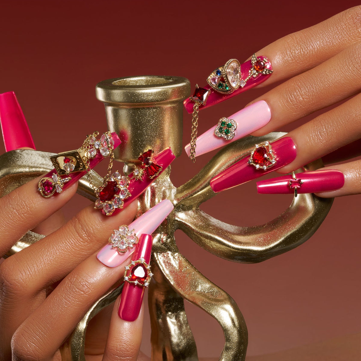 Luxury press on nails with an openable heart charm inspired by a Pandora-style love locket. Handmade, reusable, and jewelry-inspired.