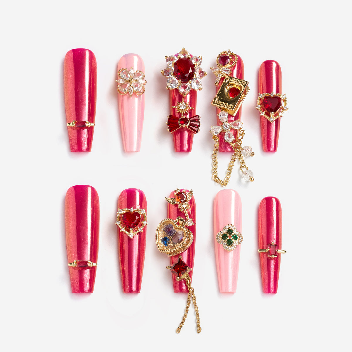 Luxury press on nails with an openable heart charm inspired by a Pandora-style love locket. Handmade, reusable, and jewelry-inspired.