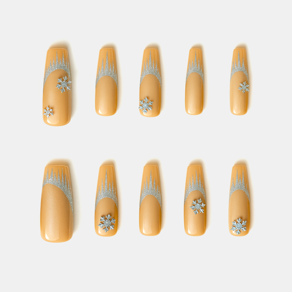 Winter Gold Christmas nails with silver glitter frost over champagne base